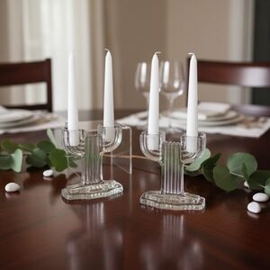 Vintage Clear Ribbed Glass Saguaro Cactus Taper Candle Holders Set of 2